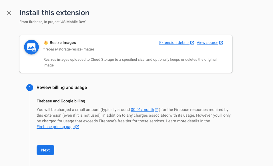 Billing settings for Firebase Extensions