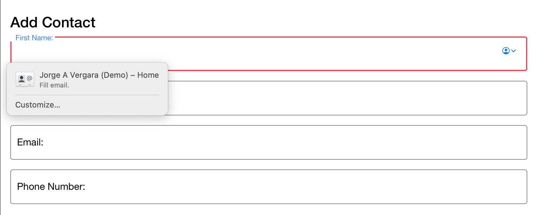 Form showing the browsers autocomplete prompt