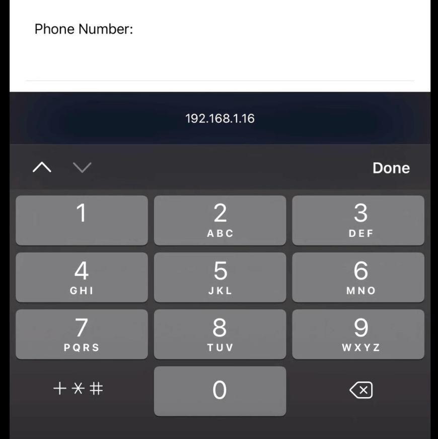 Phone number input showing a numeric keyboard